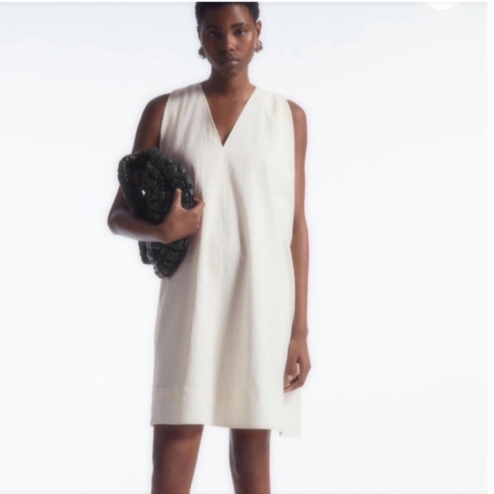 COS Women Off White Seersucker A-Line V-Neck Mini Dress Tie Back Cream